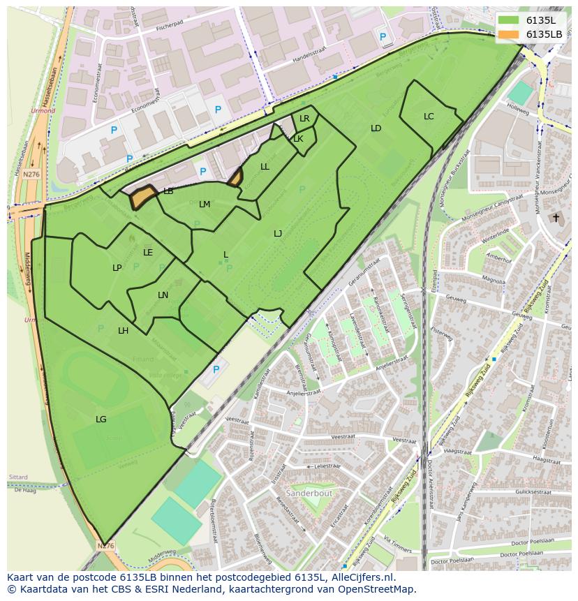 Afbeelding van het postcodegebied 6135 LB op de kaart.