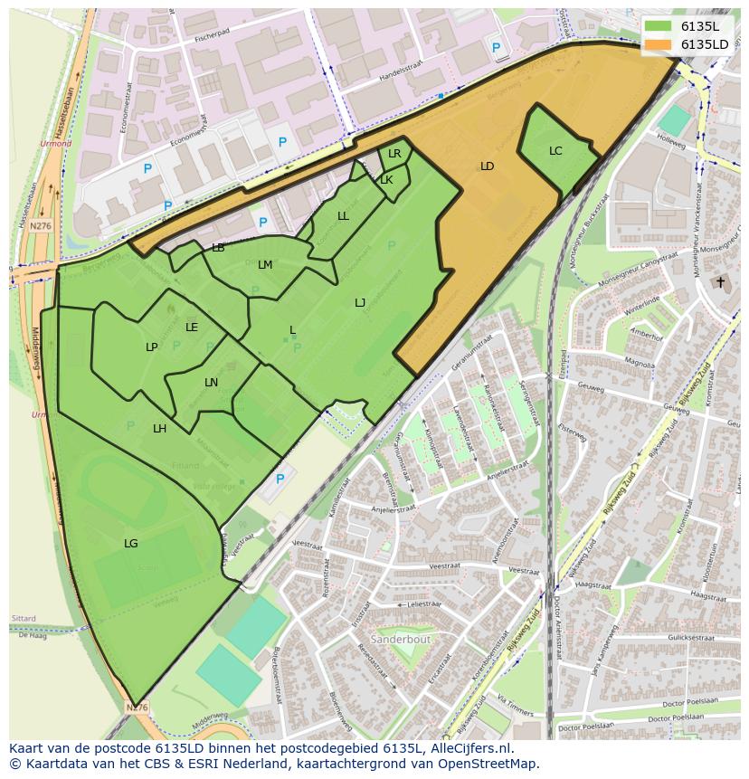 Afbeelding van het postcodegebied 6135 LD op de kaart.