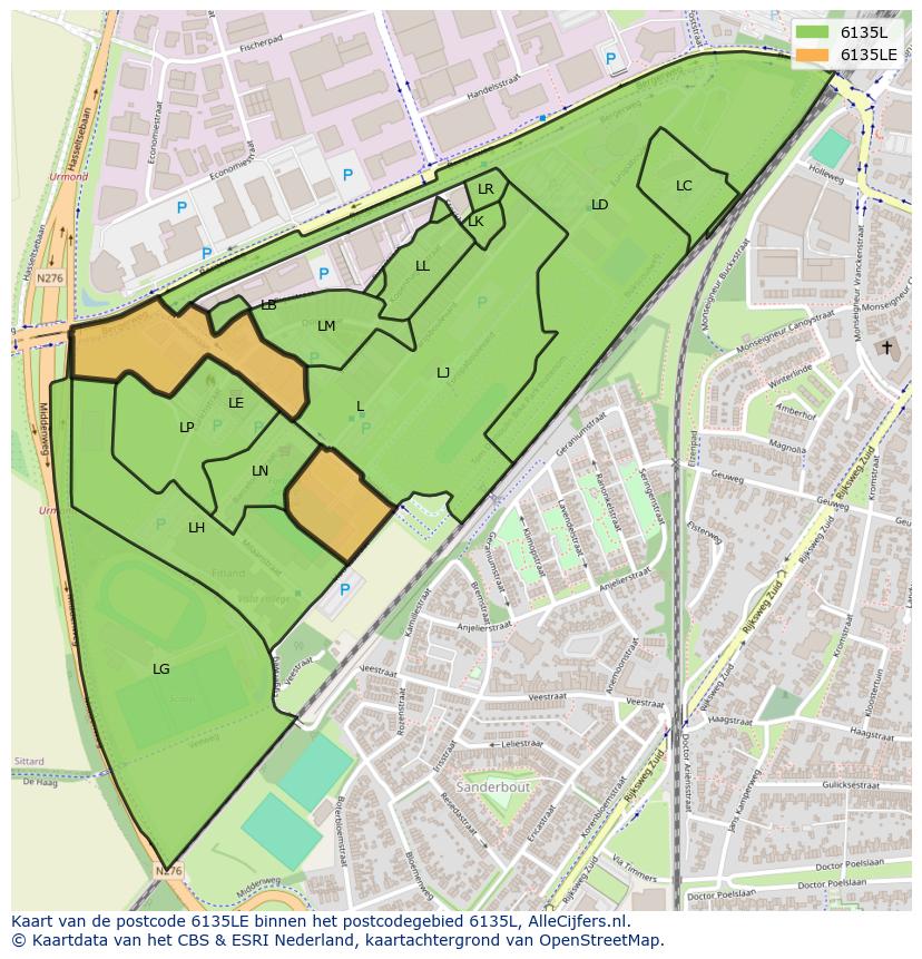 Afbeelding van het postcodegebied 6135 LE op de kaart.