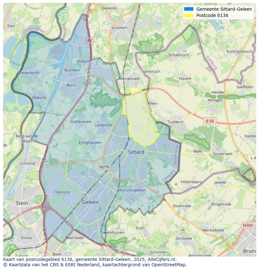 Afbeelding van het postcodegebied 6136 op de kaart.