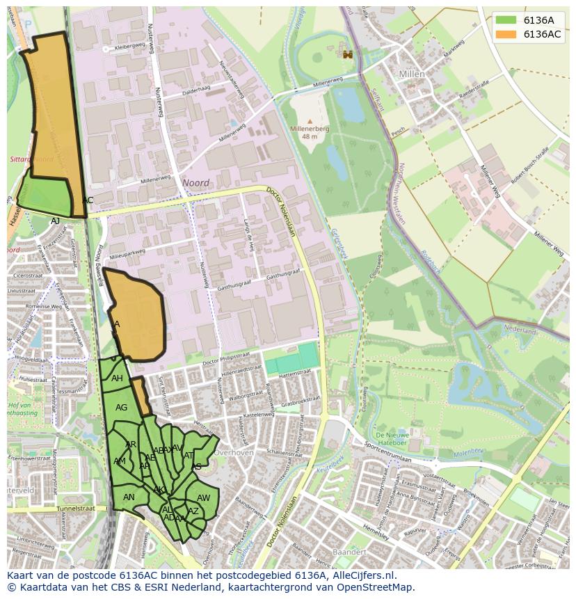 Afbeelding van het postcodegebied 6136 AC op de kaart.
