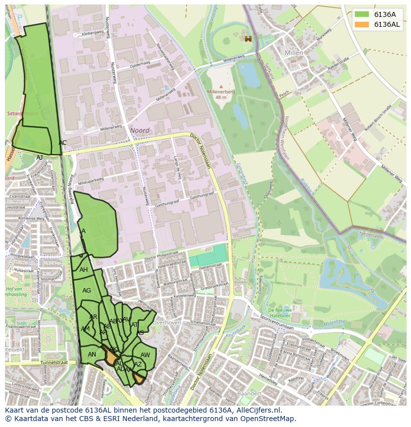 Afbeelding van het postcodegebied 6136 AL op de kaart.