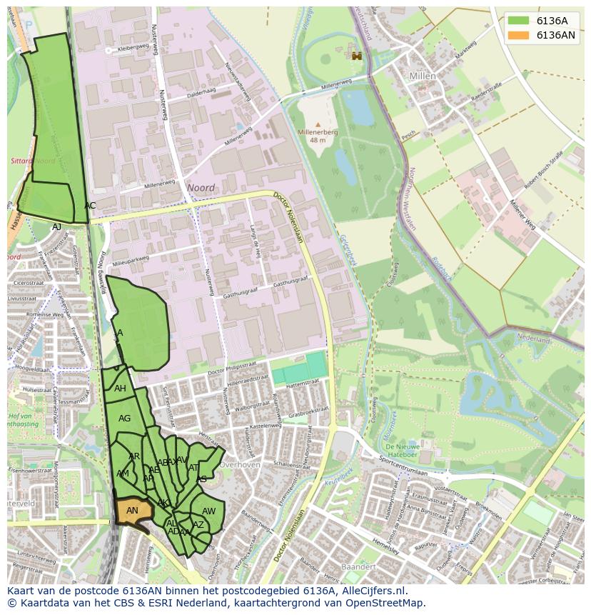 Afbeelding van het postcodegebied 6136 AN op de kaart.