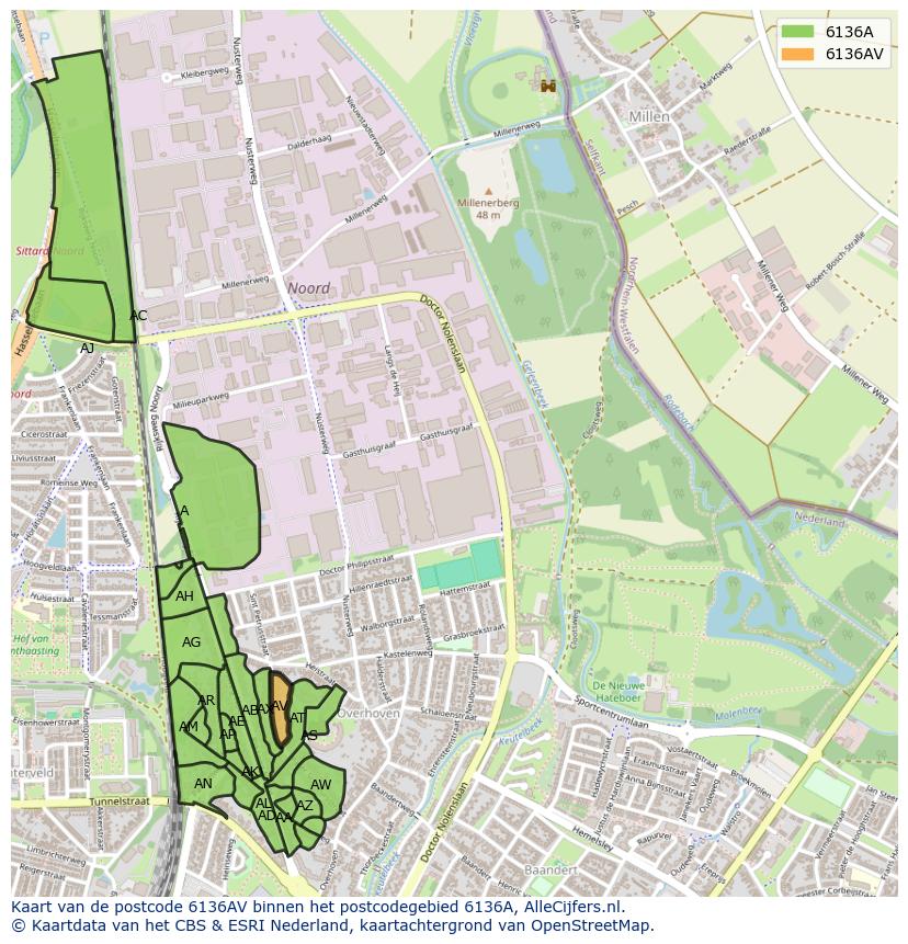 Afbeelding van het postcodegebied 6136 AV op de kaart.