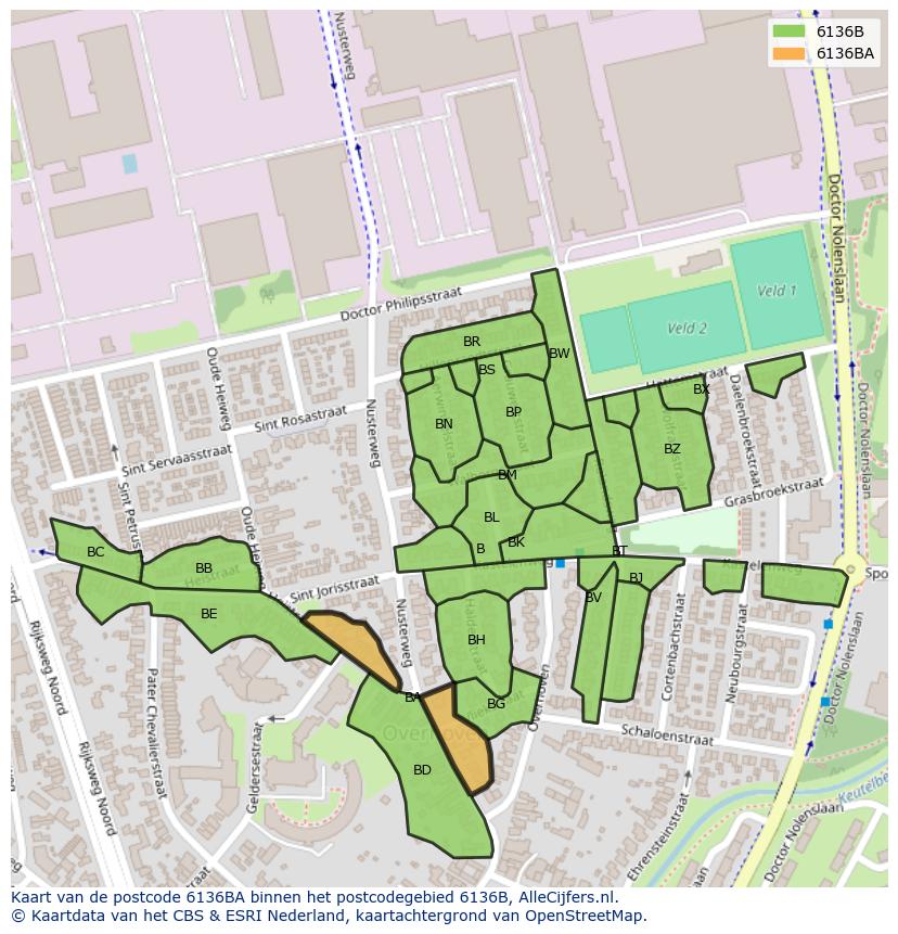 Afbeelding van het postcodegebied 6136 BA op de kaart.