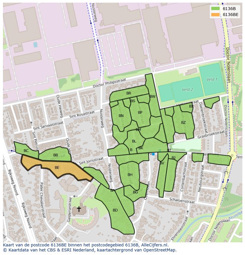 Afbeelding van het postcodegebied 6136 BE op de kaart.