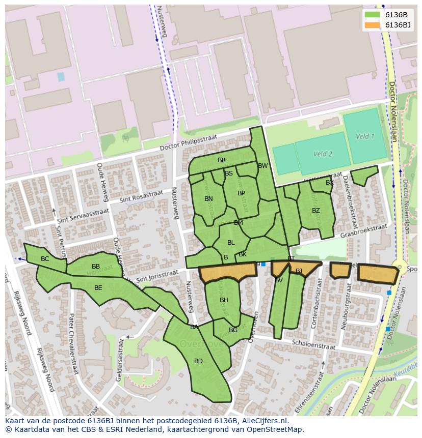 Afbeelding van het postcodegebied 6136 BJ op de kaart.