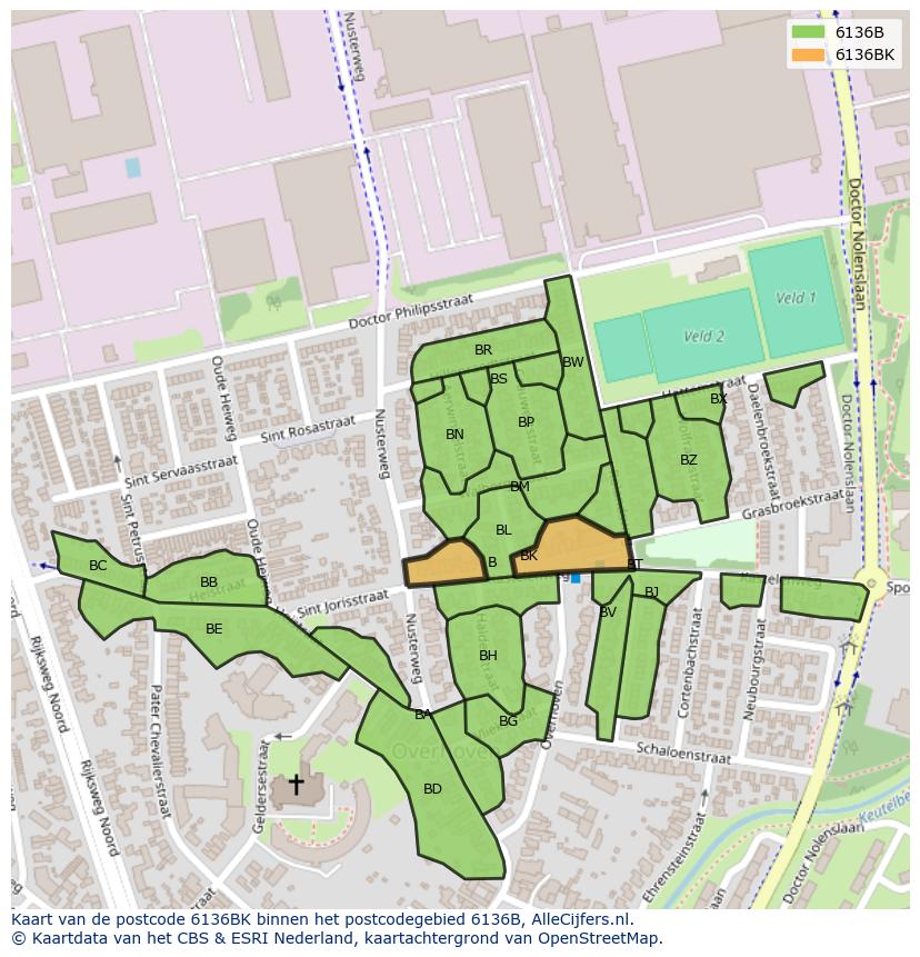 Afbeelding van het postcodegebied 6136 BK op de kaart.