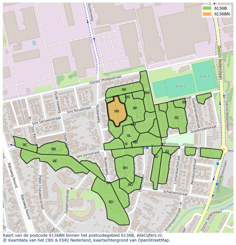 Afbeelding van het postcodegebied 6136 BN op de kaart.
