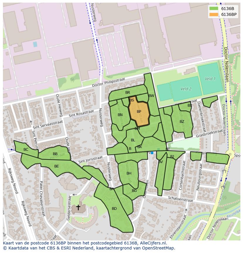 Afbeelding van het postcodegebied 6136 BP op de kaart.