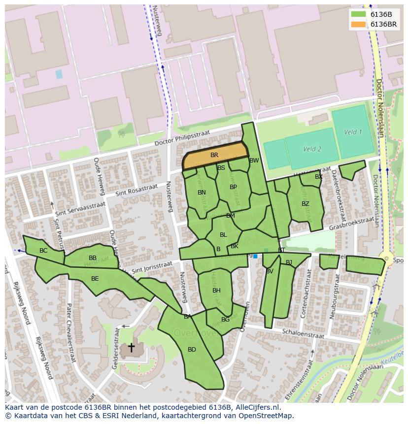 Afbeelding van het postcodegebied 6136 BR op de kaart.