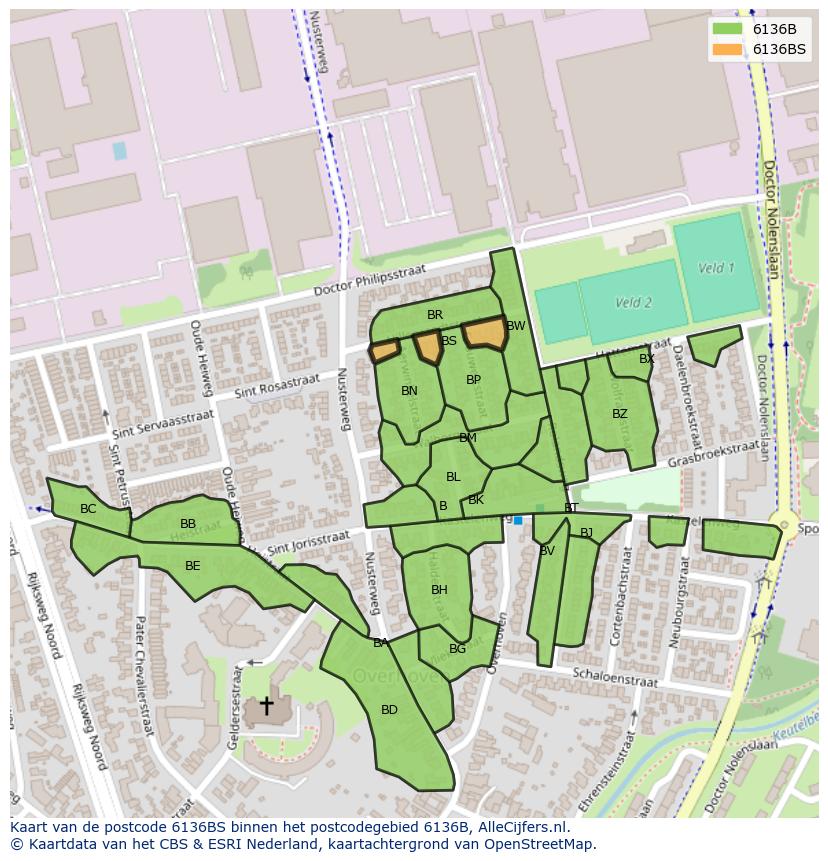 Afbeelding van het postcodegebied 6136 BS op de kaart.