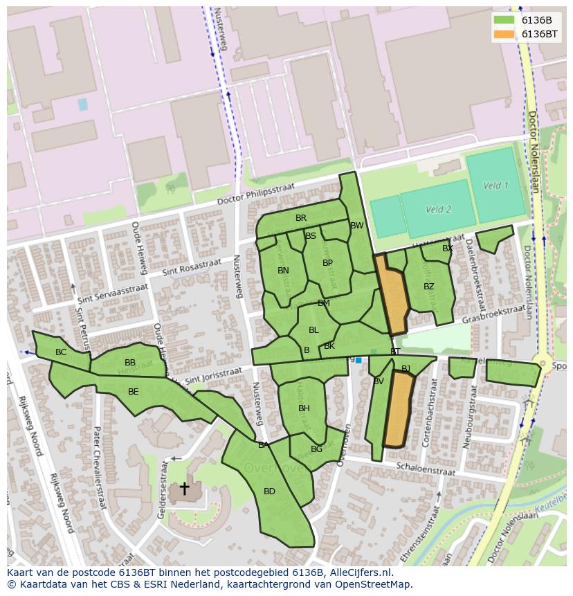 Afbeelding van het postcodegebied 6136 BT op de kaart.