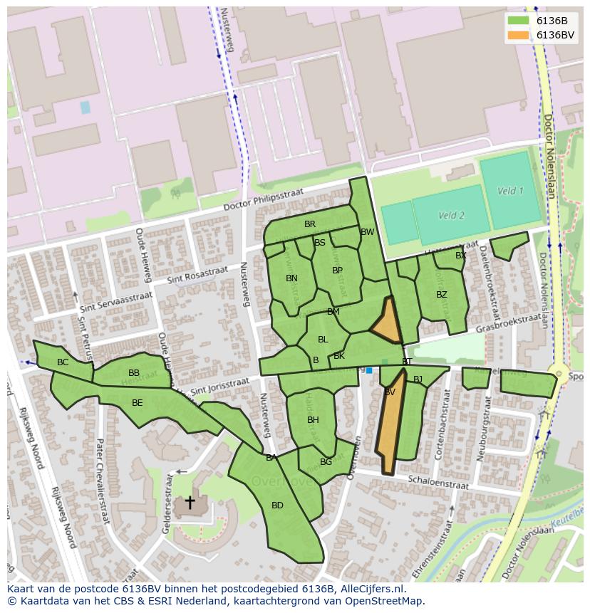 Afbeelding van het postcodegebied 6136 BV op de kaart.
