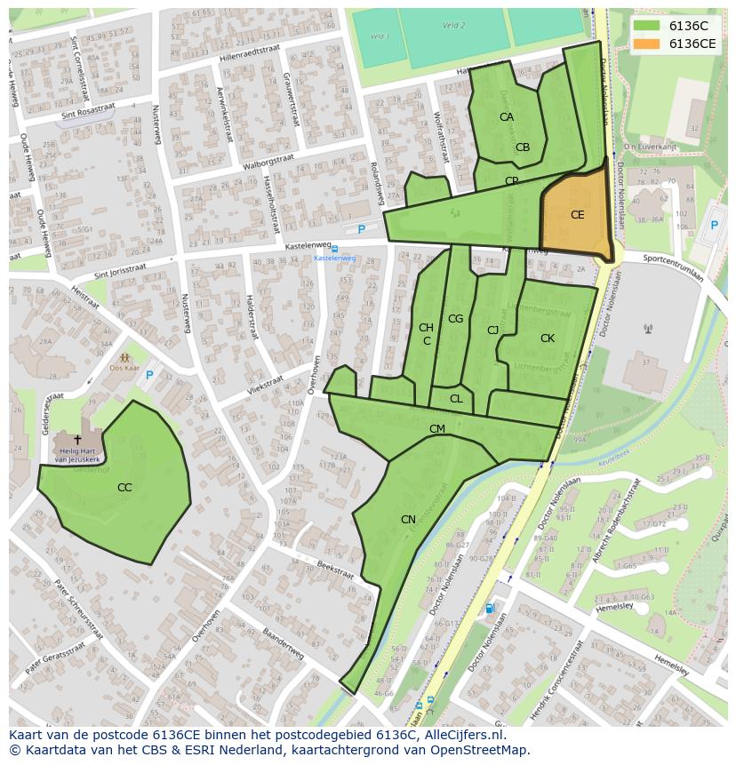 Afbeelding van het postcodegebied 6136 CE op de kaart.