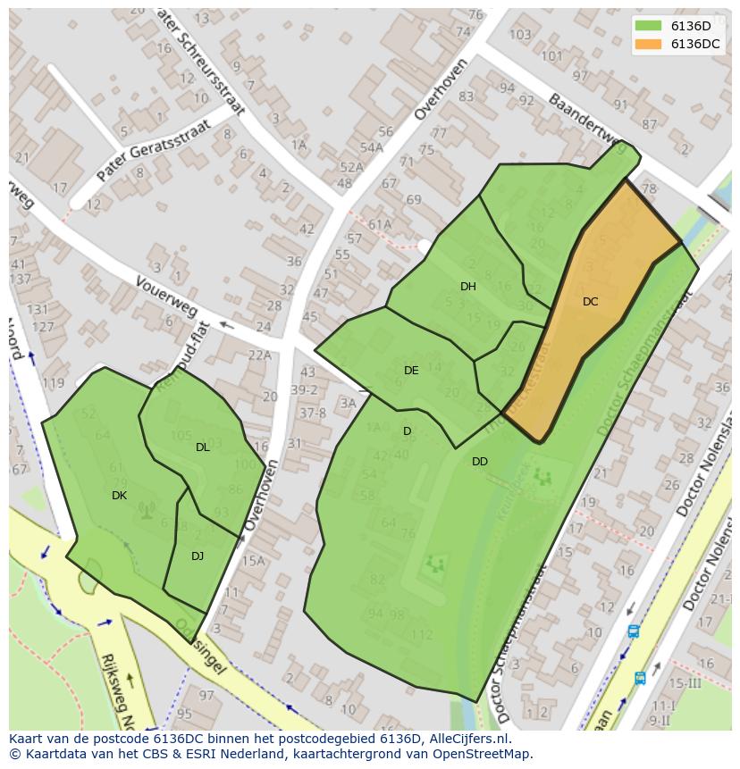 Afbeelding van het postcodegebied 6136 DC op de kaart.