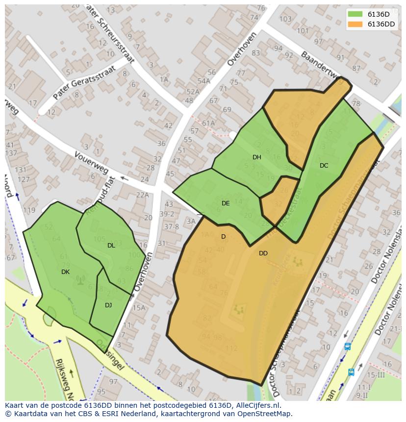 Afbeelding van het postcodegebied 6136 DD op de kaart.