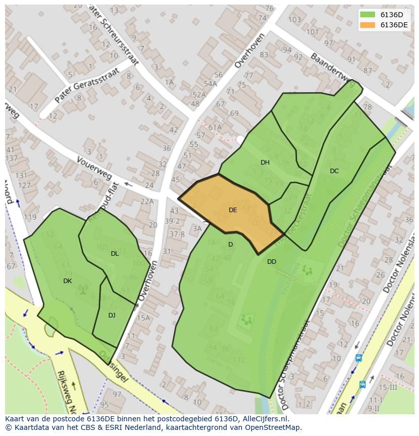 Afbeelding van het postcodegebied 6136 DE op de kaart.
