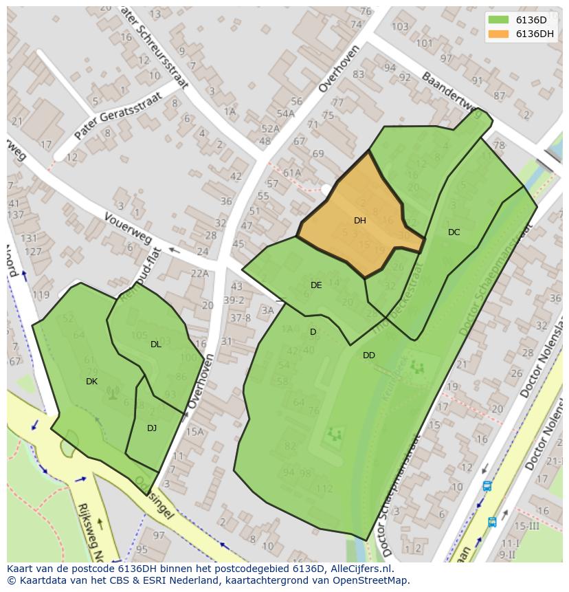 Afbeelding van het postcodegebied 6136 DH op de kaart.
