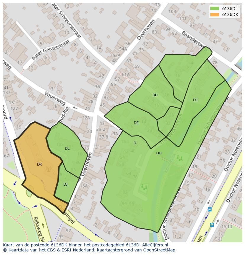 Afbeelding van het postcodegebied 6136 DK op de kaart.