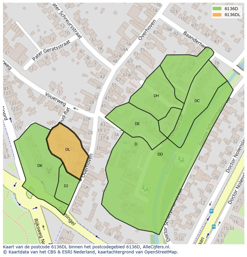 Afbeelding van het postcodegebied 6136 DL op de kaart.