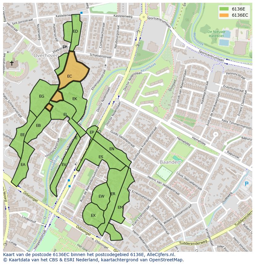 Afbeelding van het postcodegebied 6136 EC op de kaart.