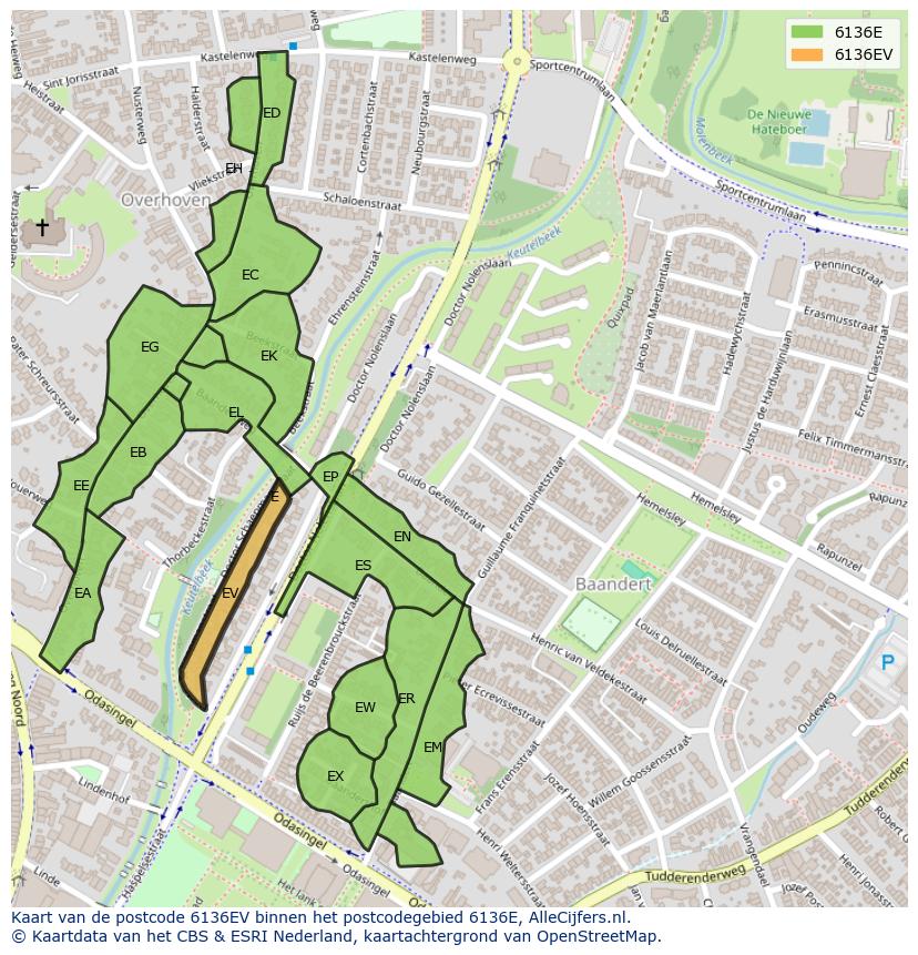 Afbeelding van het postcodegebied 6136 EV op de kaart.