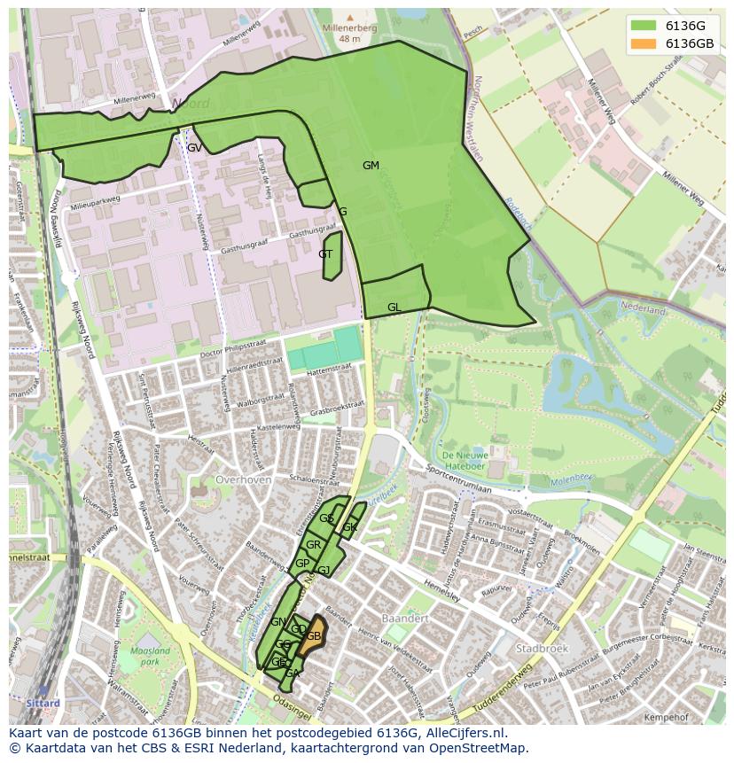 Afbeelding van het postcodegebied 6136 GB op de kaart.