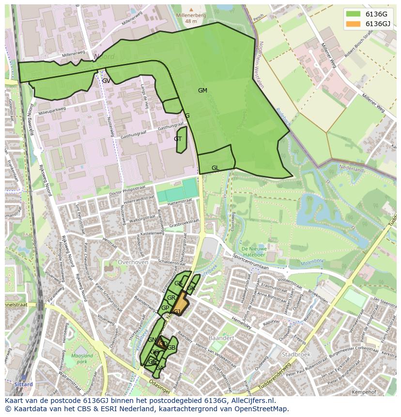 Afbeelding van het postcodegebied 6136 GJ op de kaart.