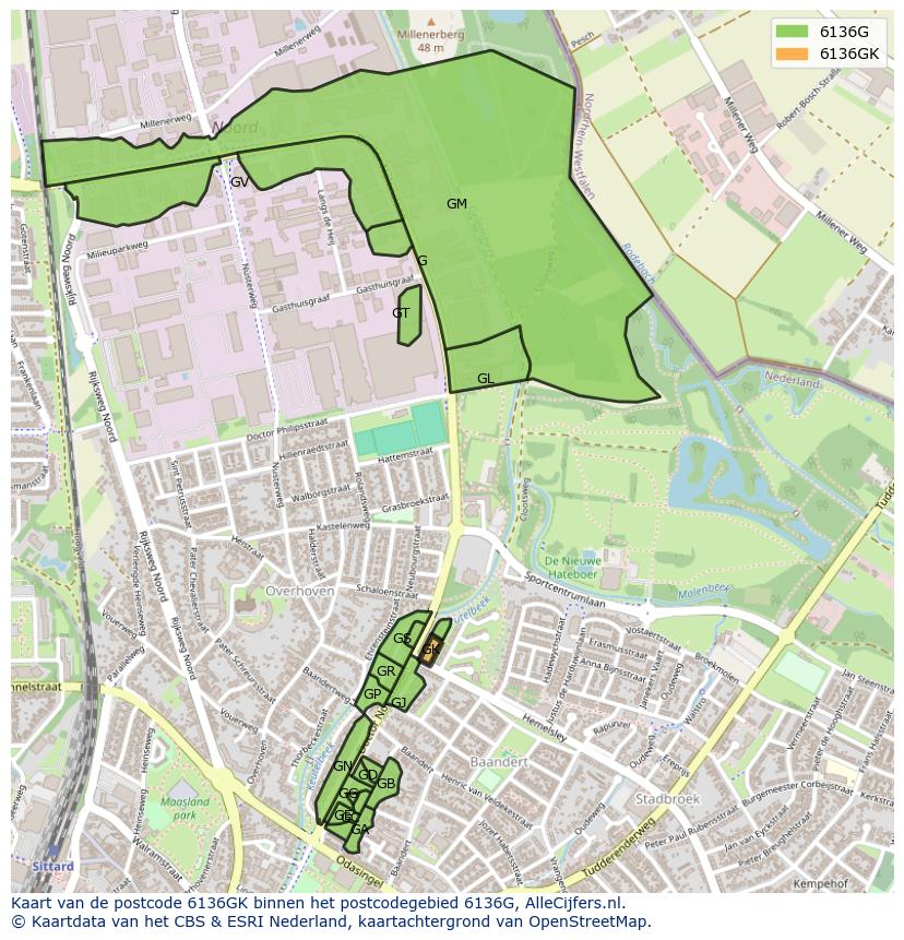 Afbeelding van het postcodegebied 6136 GK op de kaart.