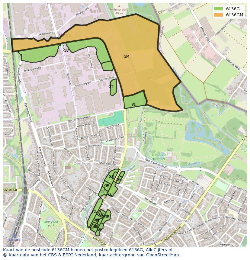 Afbeelding van het postcodegebied 6136 GM op de kaart.
