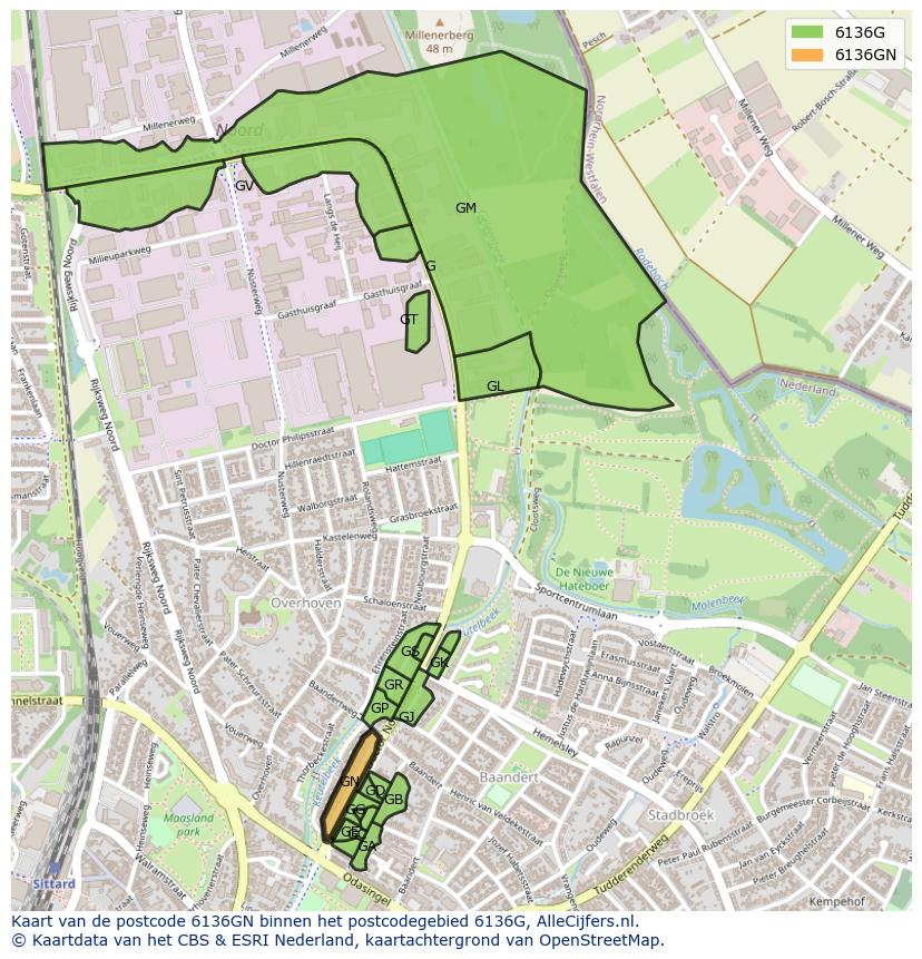 Afbeelding van het postcodegebied 6136 GN op de kaart.