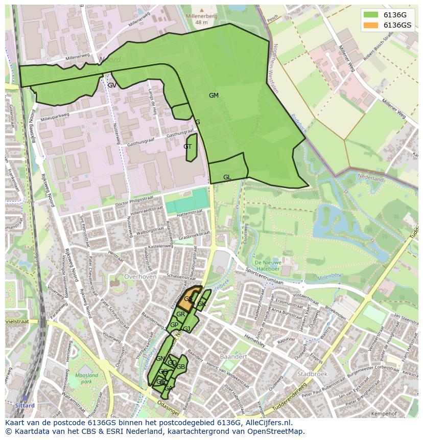 Afbeelding van het postcodegebied 6136 GS op de kaart.