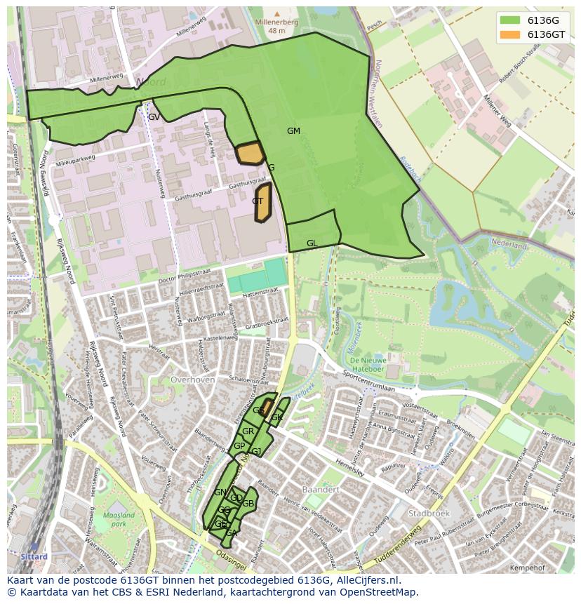 Afbeelding van het postcodegebied 6136 GT op de kaart.