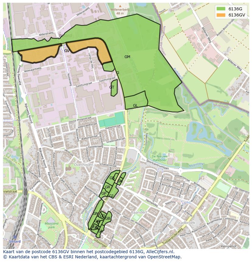 Afbeelding van het postcodegebied 6136 GV op de kaart.