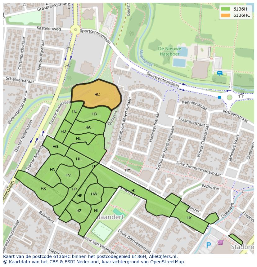 Afbeelding van het postcodegebied 6136 HC op de kaart.