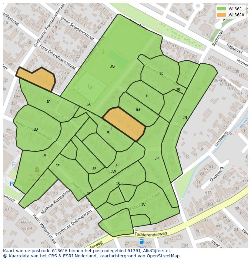 Afbeelding van het postcodegebied 6136 JA op de kaart.