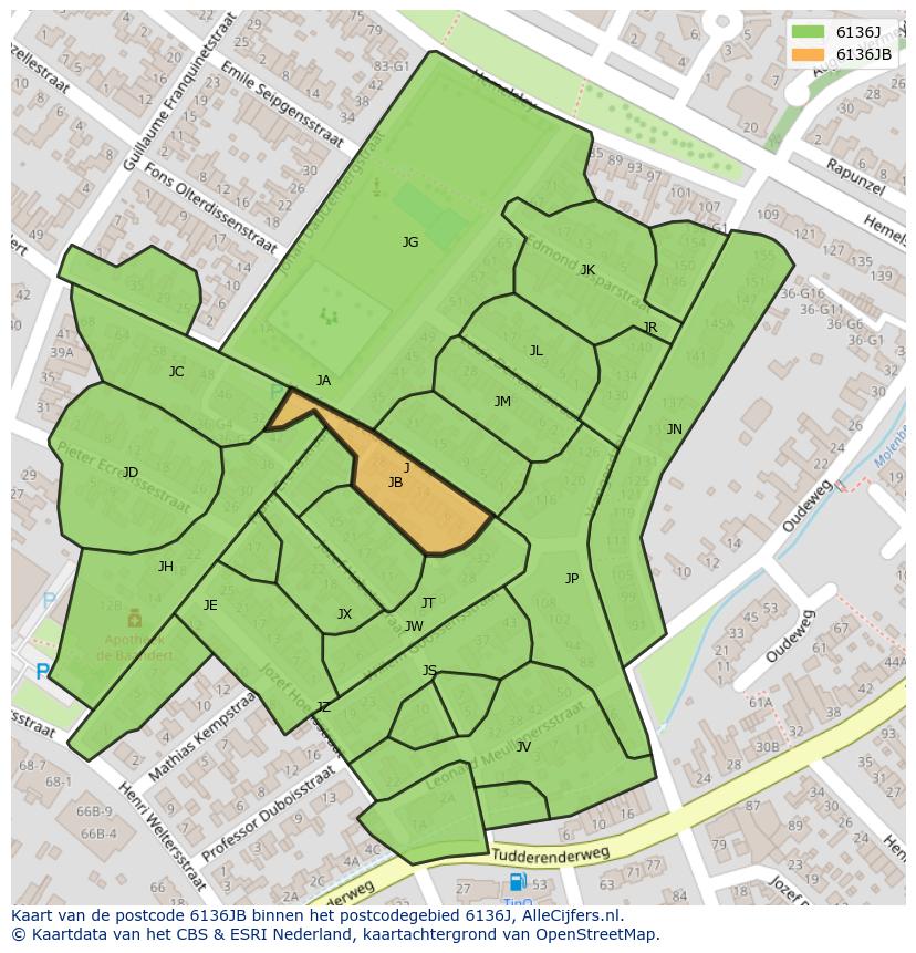Afbeelding van het postcodegebied 6136 JB op de kaart.