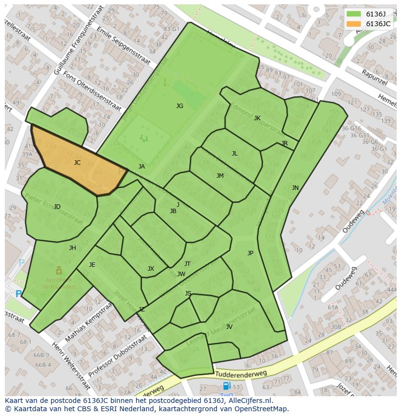 Afbeelding van het postcodegebied 6136 JC op de kaart.