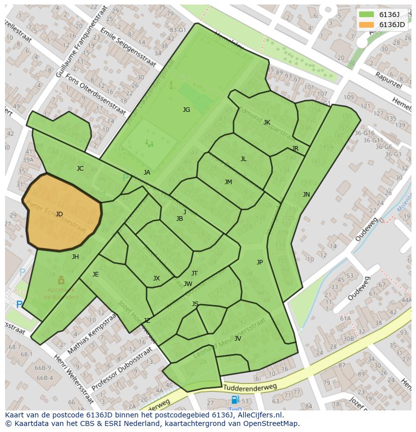 Afbeelding van het postcodegebied 6136 JD op de kaart.