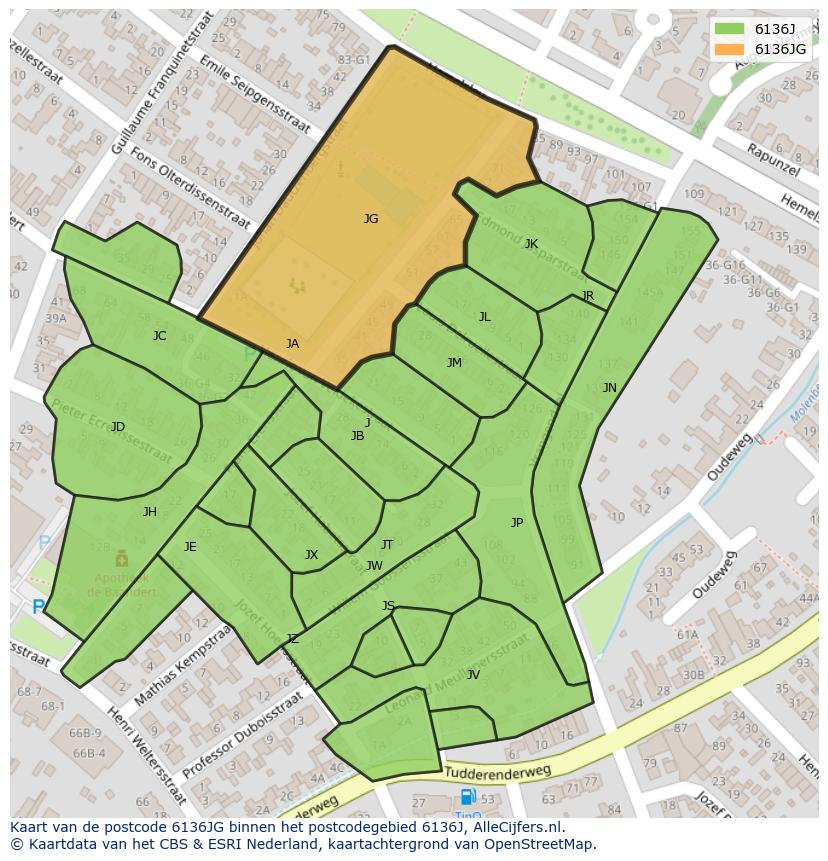 Afbeelding van het postcodegebied 6136 JG op de kaart.