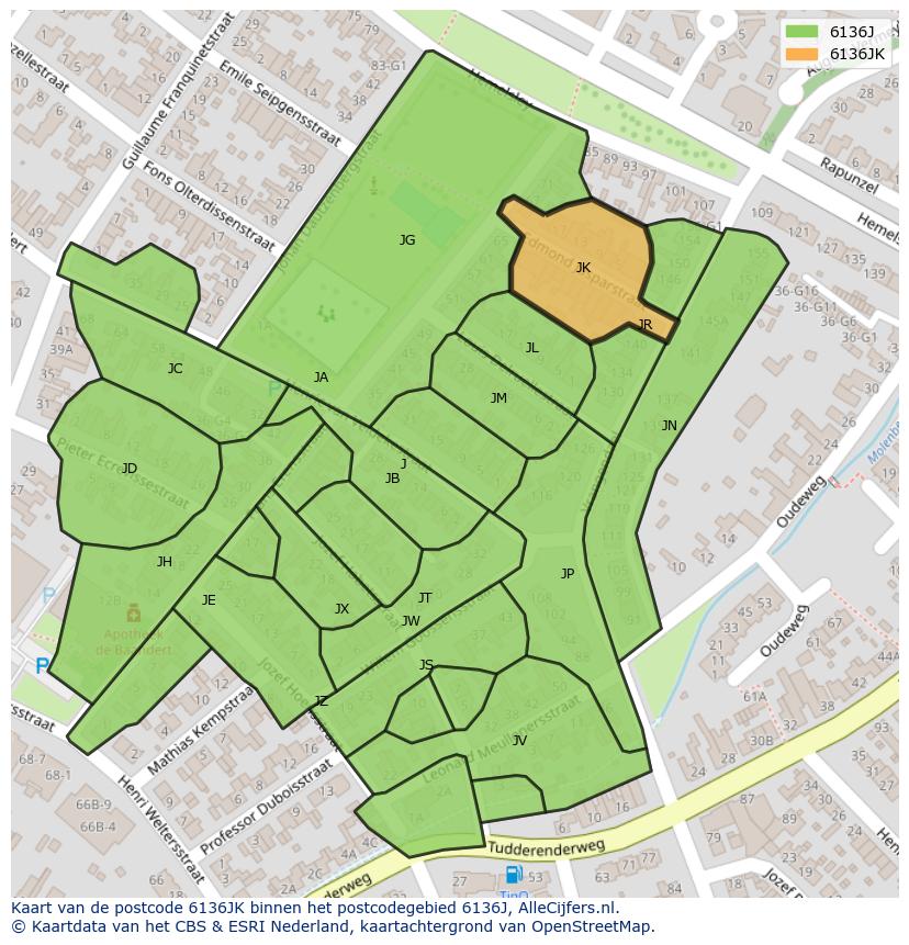 Afbeelding van het postcodegebied 6136 JK op de kaart.
