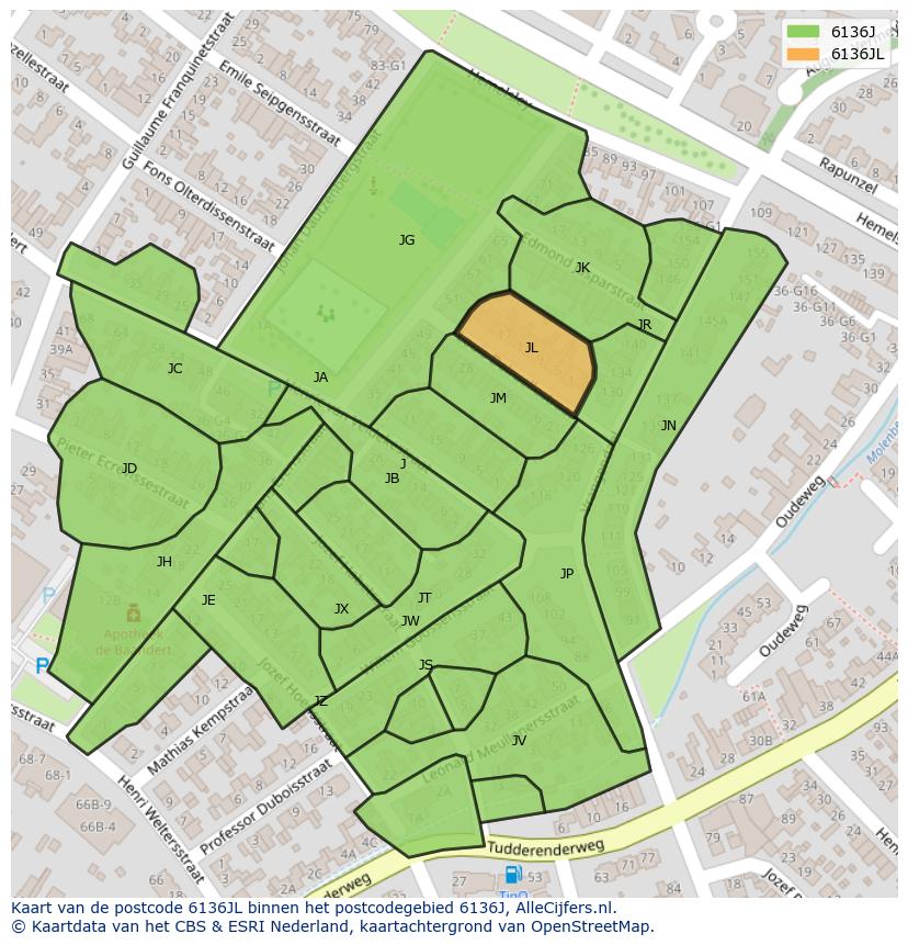 Afbeelding van het postcodegebied 6136 JL op de kaart.