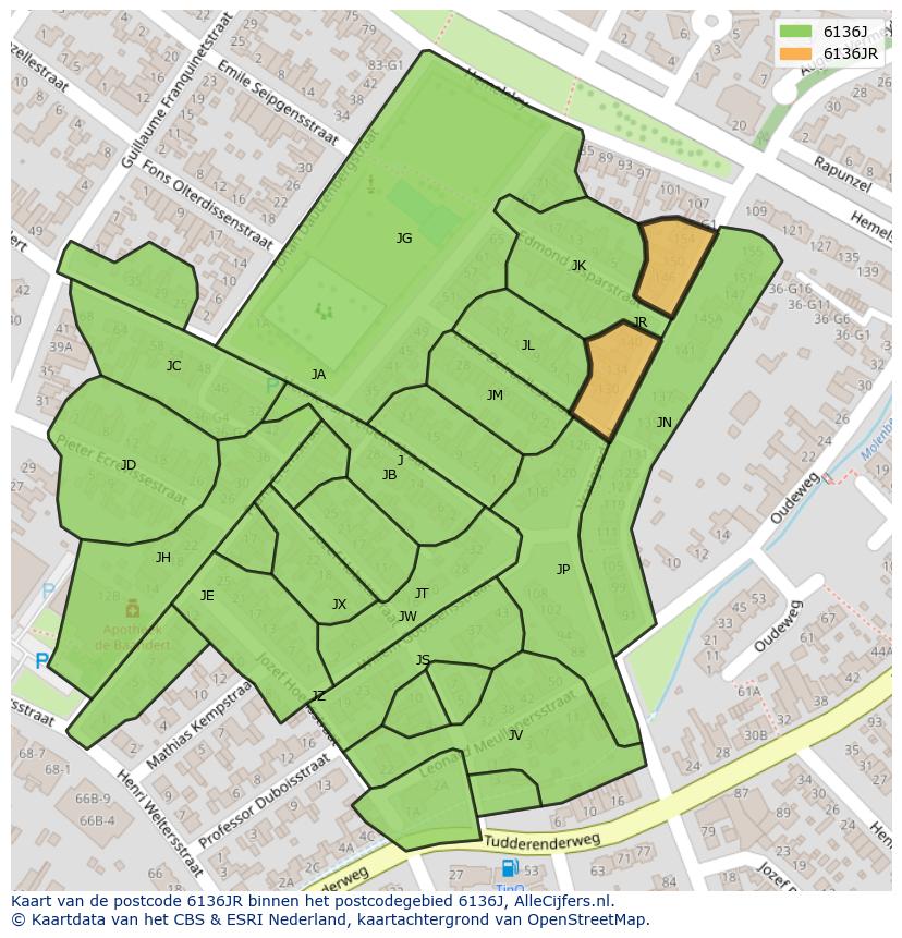 Afbeelding van het postcodegebied 6136 JR op de kaart.