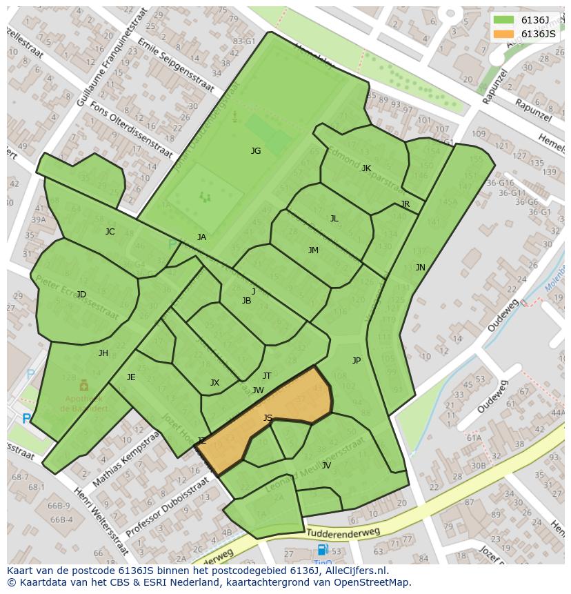 Afbeelding van het postcodegebied 6136 JS op de kaart.