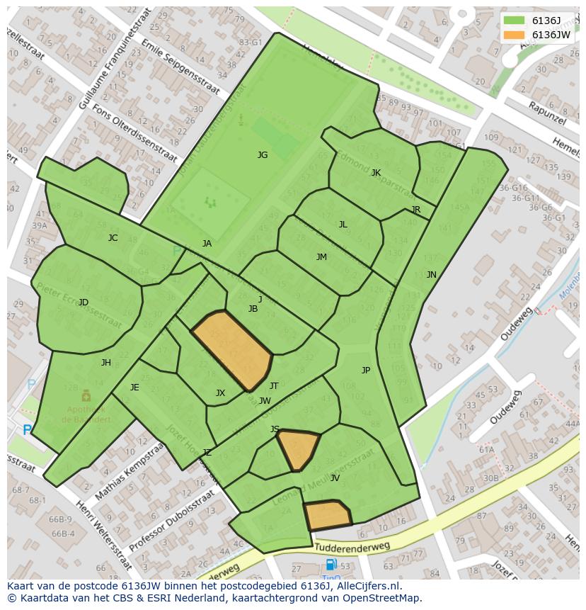 Afbeelding van het postcodegebied 6136 JW op de kaart.