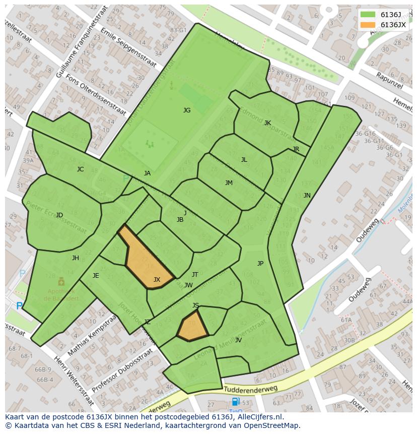 Afbeelding van het postcodegebied 6136 JX op de kaart.