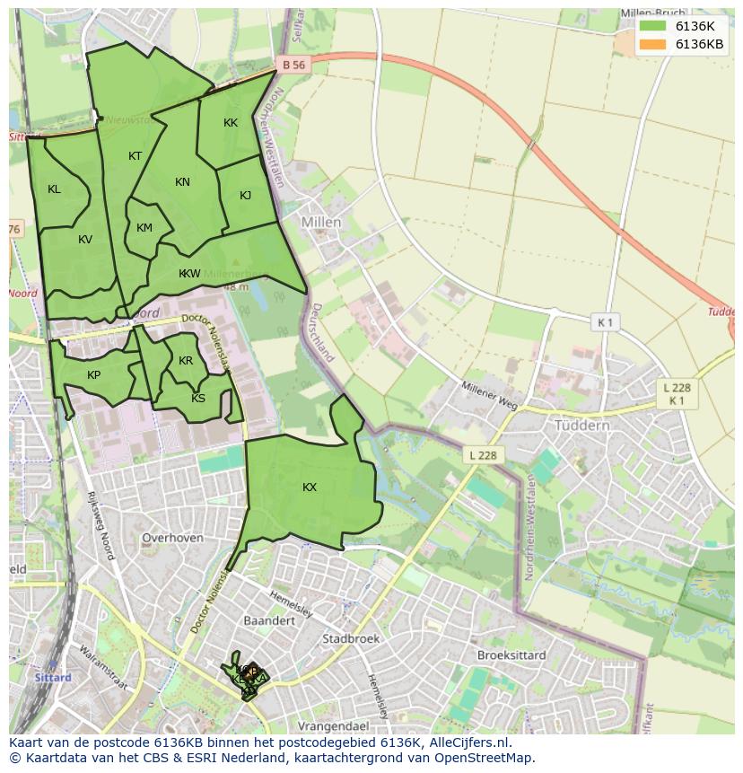 Afbeelding van het postcodegebied 6136 KB op de kaart.