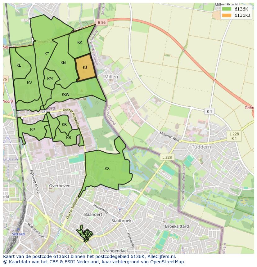 Afbeelding van het postcodegebied 6136 KJ op de kaart.