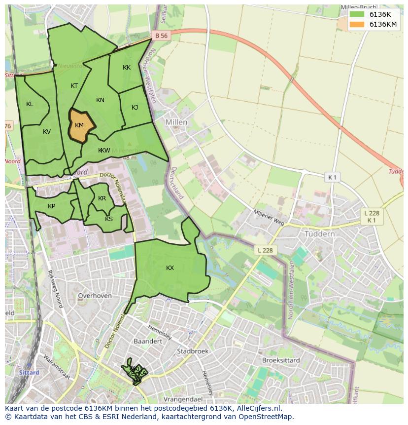 Afbeelding van het postcodegebied 6136 KM op de kaart.